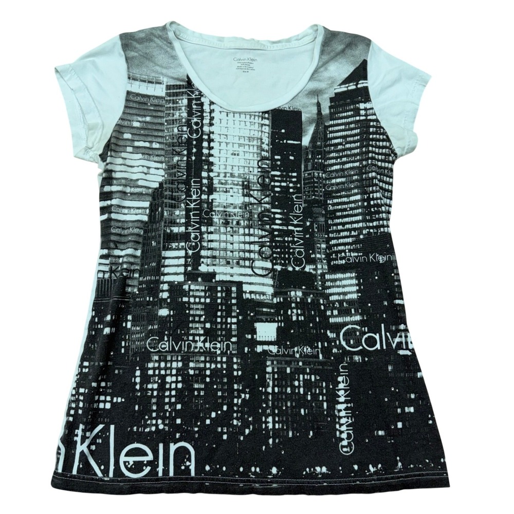 Calvin Klein Womens NYC Skyline Graphic T-Shirt White Black Sequin Logo Size M